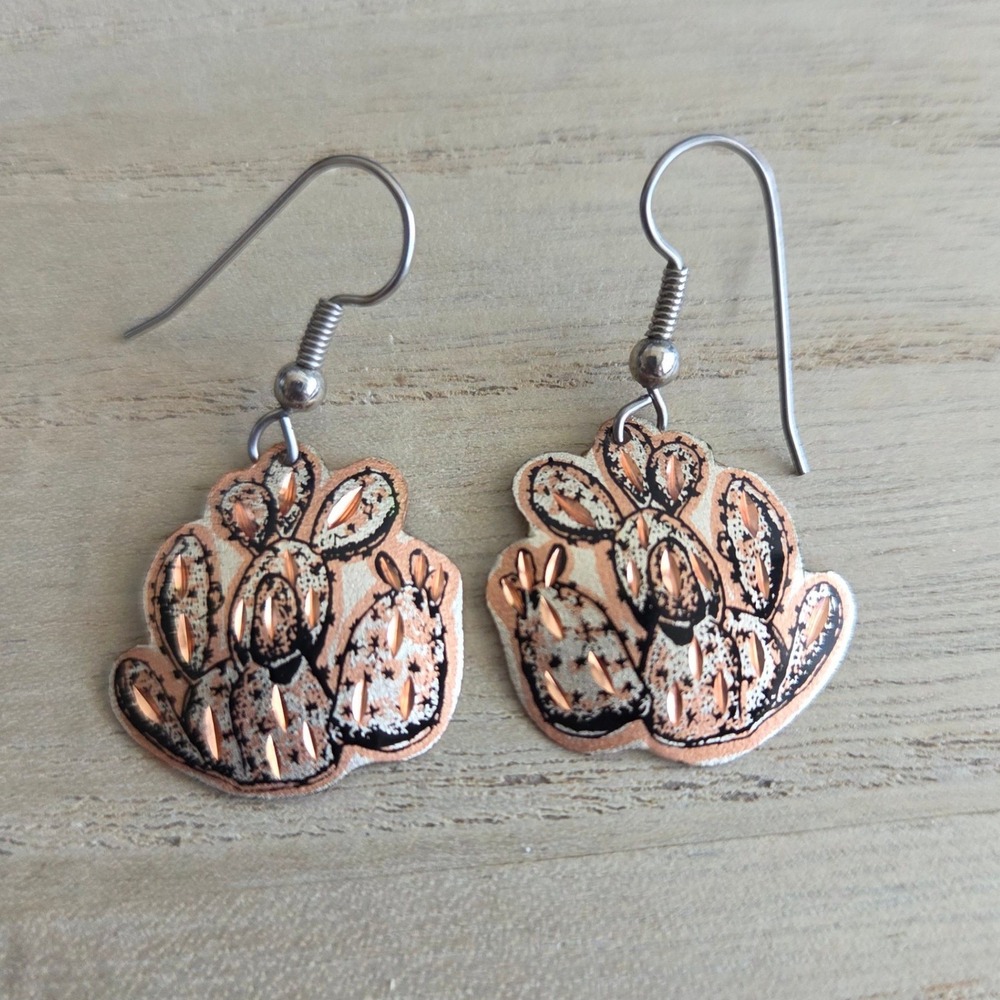 Vintage Artisan Copper Tone Filigree Cactus Earrings | Mixed Metal Boho